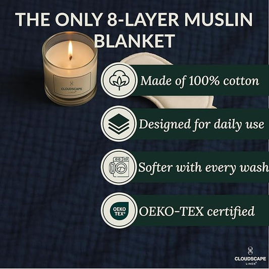 Cloud Scape Linen Extra Large 8 Layer Muslin Throw Blanket - 100% Cotton Gauze, Soft and Breathable, Winter Blanket for Couch, Sofa and Bed, Idea, 50x70, Ensign Blue