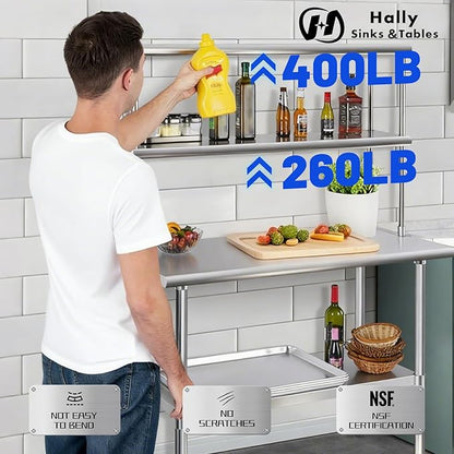 Hally Double Overshelf of Stainless Steel 12'' x 60'' Weight Capacity 400lb, Commercial 2 Tier Shelf for Prep & Work Table in Restaurant, Home and Kitchen