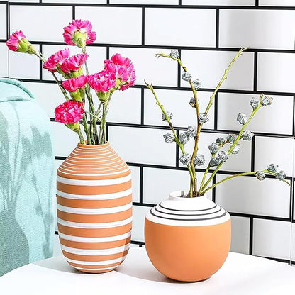 Stephanie Imports Boho Brown Terracotta Vase With Hand-Painted Matte White Design (Horizontal Print)