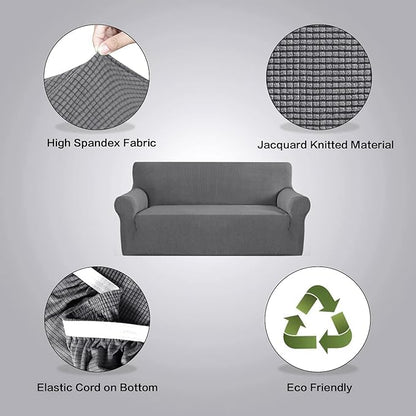 H.VERSAILTEX Stretch Sofa Covers for 3 Cushion Couch Covers Sofa Slipcovers for Living Room Feature Thick Checked Jacquard Fabric with Elastic Bottom, Sofa Large - Grey