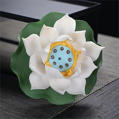 Lotus Incense Holder - White Ceramic Bloom with Leaf Tray, Aromatherapy Decor, Meditation Gift Set, Zen Home Office Desk Altar Decor (Handmade, Ash Catcher, Unique Holiday Present)