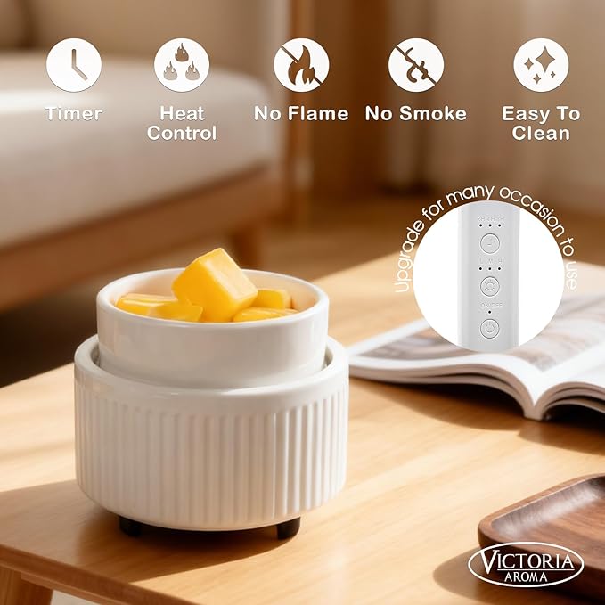 Ceramic Wax Melt Warmer with Timer - Electric Wax Warmer, Oil Burner & Candle Melter, Adjustable Heat and Auto Shut-Off for Home Office Decor, Ideal Gift（White）