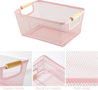 Metal Mesh Steel Basket, Medium Wire Storage Organizer Basket Multi-function Hanging Kitchen Basket with Wood Handle for Kitchen Bathroom Picnic Home, Rectangle-Pink