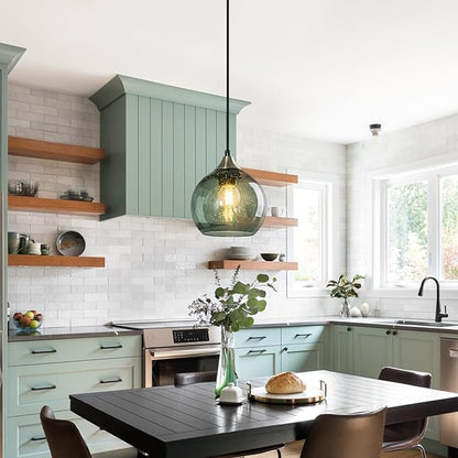 Gray Green Glass Pendant Lights Kitchen Island Lighting Globe Pendant Light Fixtures Modern Pendant Lighting for Kitchen Island Bedroom Living Dining Room Light Fixture(5.9in, 1-Pack)