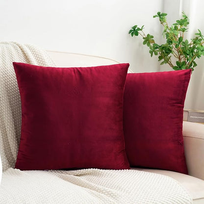 HWY 50 Burgundy Red Velvet Throw Pillow Covers 16x16 Inch, Pack of 2 Soft Cozy Solid Decorative Luxury Cushion Cases for Couch Sofa Bed Living Room Bedroom