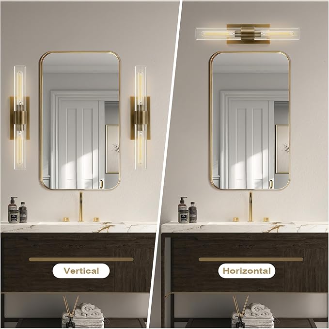 Wall Sconces Set of 2, Gold Wall Lighting Fixtures with Clear Glass, Mounted Lamps for Bedroom, Bathroom, Living Room, Hallway