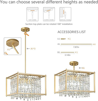 LMQNINE Modern Foyer Chandelier, Gold Crystal Chandelier Entryway Pendant Light Fixture, Square Adjustable Height Chandeliers for Kitchen Island, L15.74'' x H9.84''