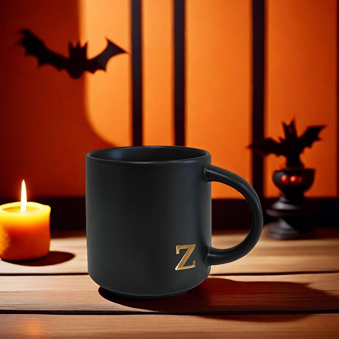 COLLECTIVE HOME - Black Monogram Ceramic Mugs, 15 oz Golden Initial Coffee Cups, Elegant Alphabet Tea Mugs, Personalized Halloween Mug with Gift Box, Perfect for Office and Home Décor (z)