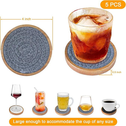 Coasters for Drinks Absorbent Sets of 5, Woven Coasters with Holder, Housewarming Gift for Farmhouse Home Decor, 4 inches (Gray Series)