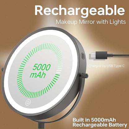 9" Lighted Makeup Mirror with with Lights and Magnification 1X/10x, 5000mAh Rechargeable Magnifying Vanity Mirror, 3 Light Colors Dimmable & Height Adjustable Mirror Gunmetal Grey