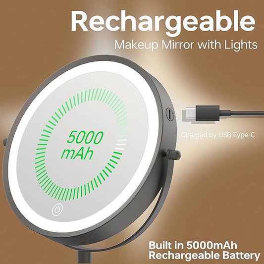 9" Lighted Makeup Mirror with with Lights and Magnification 1X/10x, 5000mAh Rechargeable Magnifying Vanity Mirror, 3 Light Colors Dimmable & Height Adjustable Mirror Gunmetal Grey
