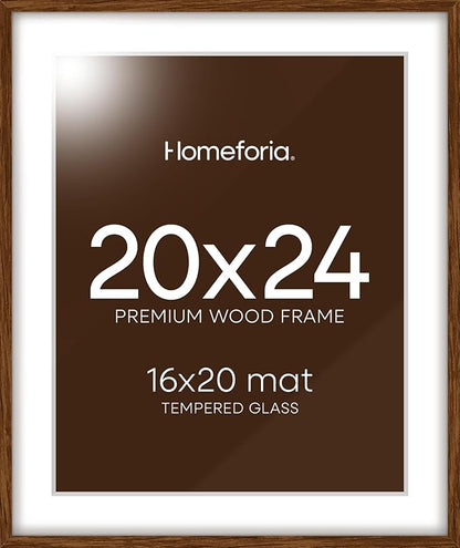 Homeforia 20x24 Picture Frame Brown, High End Dark Oak 20x24 Walnut Wooden Poster Frames with Mat 16x20, 20 x 24 Wood Frame Matted to 16 by 20, 24x20 Hanging Frames, Tempered Glass, Wall Kit, Set of 1