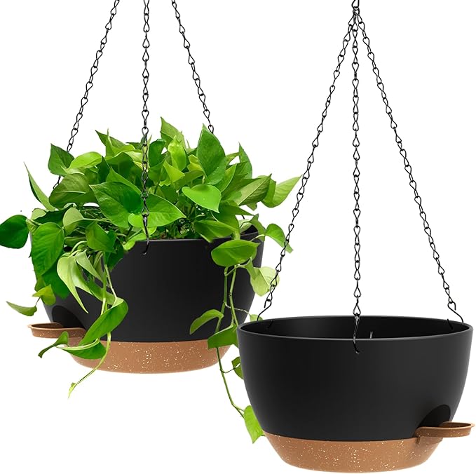 13 Inch 2 Pack Large Self Watering Hanging Planters for Indoor Outdoor Plants, Hanging Plant Pots with Removable 50 Oz Reservoir, Plastic Hanging Basket for Window Porch Garden, Black with Brown