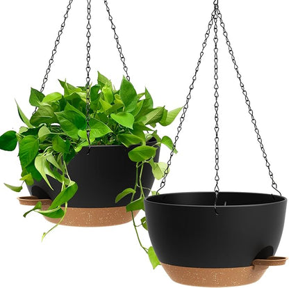 13 Inch 2 Pack Large Self Watering Hanging Planters for Indoor Outdoor Plants, Hanging Plant Pots with Removable 50 Oz Reservoir, Plastic Hanging Basket for Window Porch Garden, Black with Brown