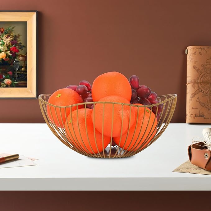 IBWell Antique Curved Edge Fruit Basket for Kitchen Gold Wire Basket Fruit Bowl for Home Decor Metal Wire Fruit Holder for Fruit Vegetable Snacks