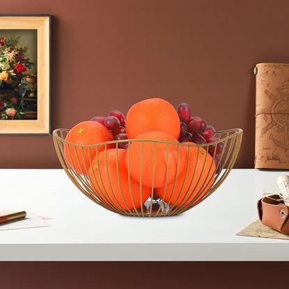 IBWell Antique Curved Edge Fruit Basket for Kitchen Gold Wire Basket Fruit Bowl for Home Decor Metal Wire Fruit Holder for Fruit Vegetable Snacks