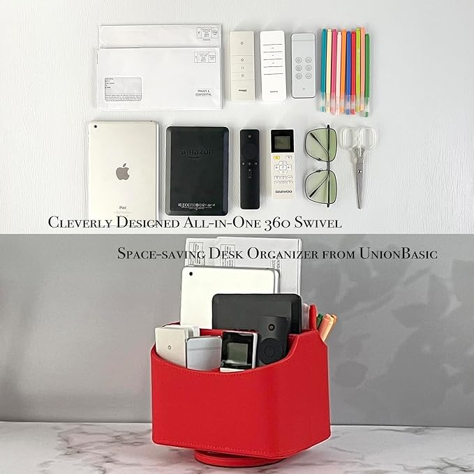 UnionBasic Rotating Desk Organizer, 360 Degree Desk Spinning Caddy, Desktop TV Guide/Mail/Media/Remote Controller Holder Organizer, Red