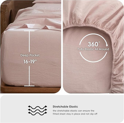 MooMee Bedding Sheet Set 100% Washed Cotton Linen Like Textured Breathable Durable Soft Comfy (Heathered Greyish Pink, Full)