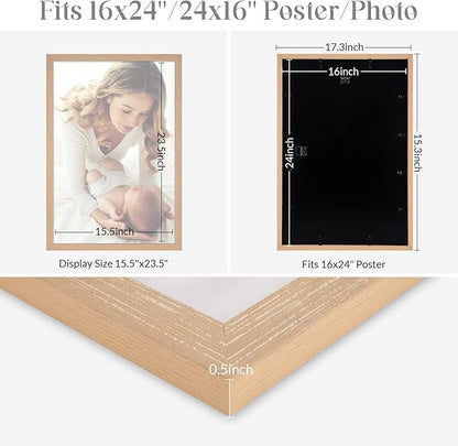 16x24 Frame Natural Woodgrain, 24x16 Picture Frame Beige, Rustic 40x60cm Poster Frame, Large 16 by 24 Gallery Family Concert Portrait Photo Frame Anniversary/Birthday/Wedding/Thank you/Christmas Gift