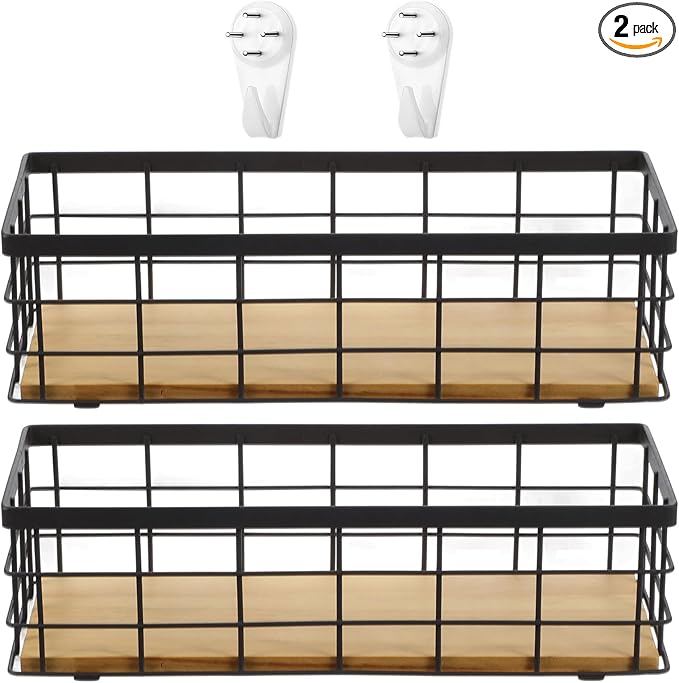 Set of 2 Small Wire Baskets, Narrow Black Metal Storage Bins for Bathroom Counter & Kitchen, Farmhouse Rustic Organizer Trays for Pantry, Office, RV, Countertop Decoration