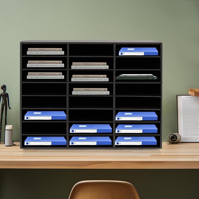 Literature Organizers, 24 Compartments Office Mailbox with Adjustable Shelves, PVC Mail File Sorter Cubbies, Countertop File Organizers for Classroom, Office, Home, Documents (Black)