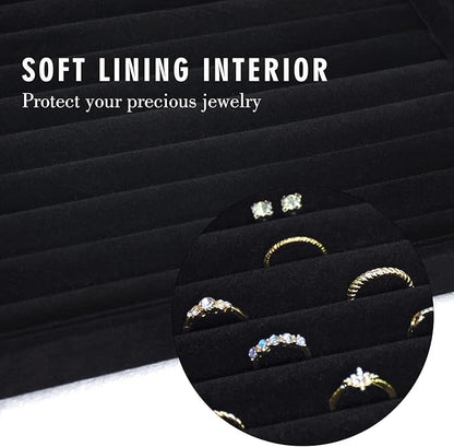 Rings Organizer Tray 10 Slots Velvet Ring Display Tray Insert Jewelry Earring Storage Box with Transparent Glass lid Can Hold 100 Rings Earrings Suitable for Girls and Women (Black)