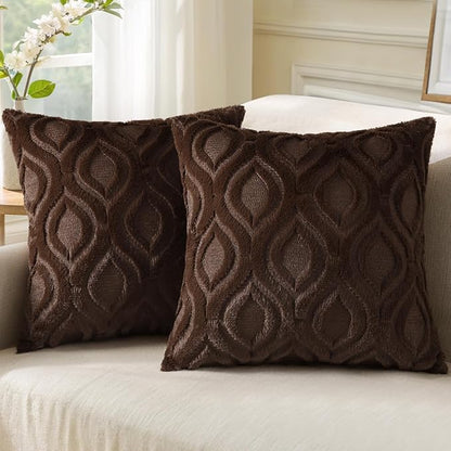 decorUhome Spring Throw Pillow Covers 18x18 Inch Set of 2, Soft Plush Faux Wool Brown Solid Couch Pillow Covers, Accent Farmhouse Neutral Square Pillow Cases for Sofa Bed Living Room
