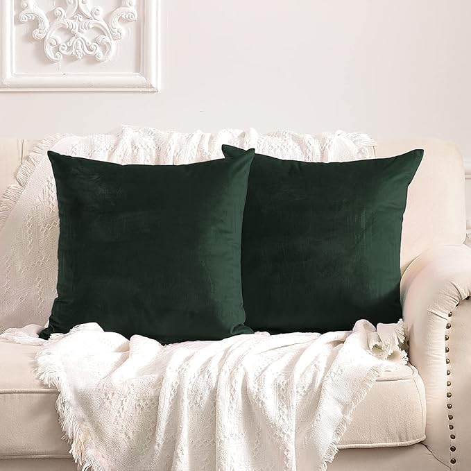 FY FIBER HOUSE Pack of 2 Velvet Throw Pillow Covers Decorative Pillowcase Soft Solid Cushion Cover, 16 x 16 Inch, Dark Green