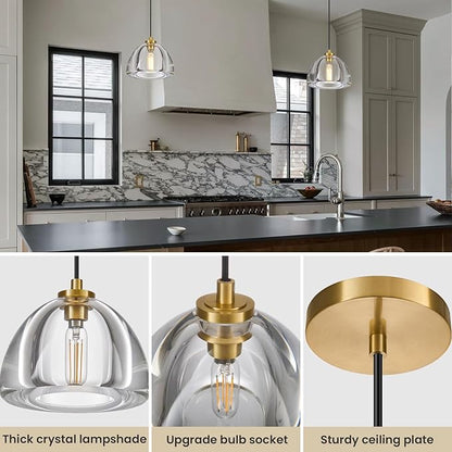 Crystal Pendant Light Kitchen Island: 2 Pack Luxury Brass Hanging Lights - 7" Dimmable Modern Crystals Lighting Fixture over Dining Table - Adjustable Gold Pendants Light for Bathroom Bulbs Included
