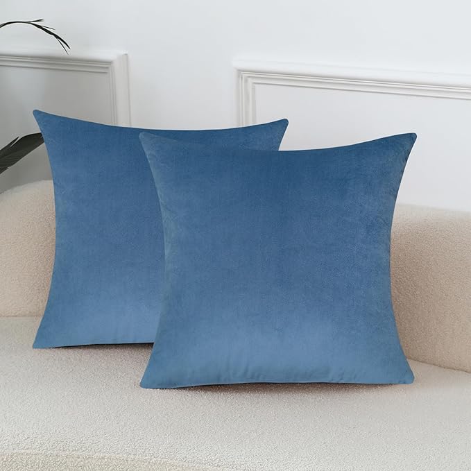 mixeoo Comfy Sky Blue Couch Throw Pillow Covers Decorative Square Velvet Super Soft Cushion Cases for Home Livingroom Sofa Decor, Set of 2, 18 x 18 Inch