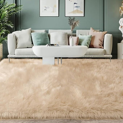 SERISSA Faux Fur Area Rug, 5x8 Feet, Beige, Luxury Shaggy Rug for Living Room, Bedroom, Nursery Decor
