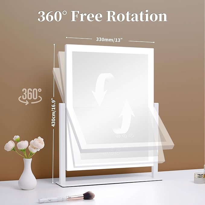 Lighted Vanity Mirror with Lights, Makeup Mirror with Light, 16.7"x 13.2",Three Color Lighting Modes and Dimmable Lighting, Smart Touch Control, 360°Rotation, for Vanity Desk Tabletop,Dressing Room