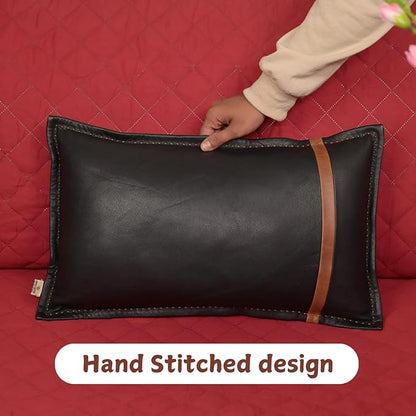 Genuine Lambskin Leather Pillow Cover, 16x24 Inch Case for Lumbar Throw Couch Pillows, Thick & Soft Cushion Covers for Sofa Bed Home Decor (Black & Tan Box Pack of 1)