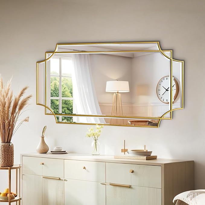 Wall Mirror Full Length, 47" x 24" Gold Wood Framed Full Body Mirror, Scalloped Beveled Polished Decorative Mirrors, Large Rectangle Irregular Mirror for Bathroom/Bedroom/Living Room/Entryway
