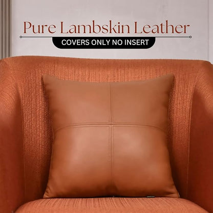 LL LEATHER LOVERS Lambskin Leather Pillow Cover, Hand Panel Stitched Leather Decorative Throw Pillow Covers for Couch Sofa Bed Living Room Garden (14x14 Inches, Tan Plain Pack of 2)