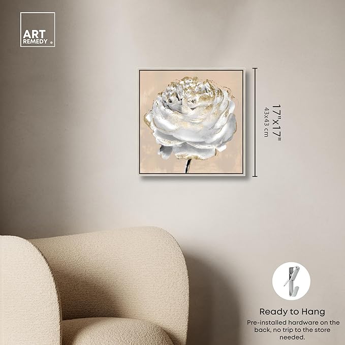 Art Remedy Beige Ranunculus Canvas Elegant White Gold Wall Art, Silver Frame, 16" x 16"