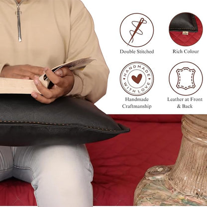 Genuine Lambskin Leather Pillow Cover, 10x18 Inch Case for Lumbar Throw Couch Pillows, Thick & Soft Cushion Covers for Sofa Bed Home Decor (Black & Tan Box Pack of 2)