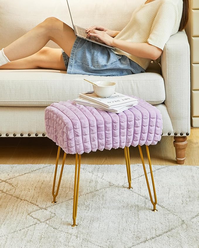 IBUYKE Rectangular Footrest Stool Ottoman, Makeup Vanity Stool Side Table, Velvet Dressing Table Seat, Footstool Chair, Golden Steel Legs, for Makeup Room, Bedroom, Square grid pattern, Purple WBD003V