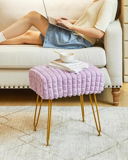 IBUYKE Rectangular Footrest Stool Ottoman, Makeup Vanity Stool Side Table, Velvet Dressing Table Seat, Footstool Chair, Golden Steel Legs, for Makeup Room, Bedroom, Square grid pattern, Purple WBD003V