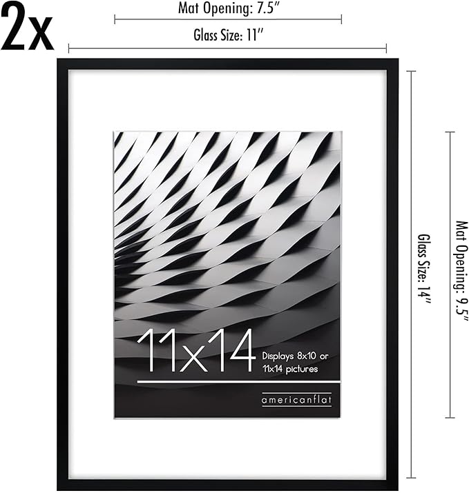 Americanflat 11x14 Picture Frame with Shatter-Resistant Glass - Set of 2 - Use as 8x10 Frames with Mat or Display 11x14 Photo Without Mat - Streamline Collection - Picture Frame Set for Wall - Black