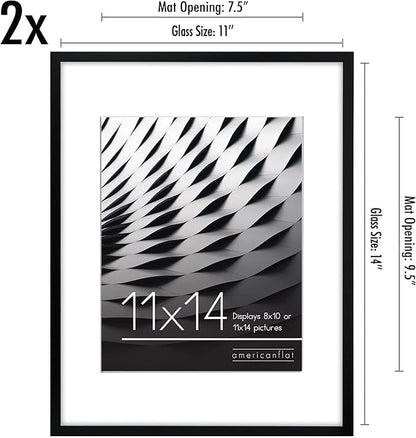 Americanflat 11x14 Picture Frame with Shatter-Resistant Glass - Set of 2 - Use as 8x10 Frames with Mat or Display 11x14 Photo Without Mat - Streamline Collection - Picture Frame Set for Wall - Black