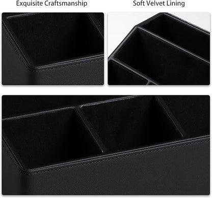 Remote Control Holder with 5 Compartments for Office Art Supplies, PU Leather Nightstand Organizer Pencil Pen Desk Caddy for Home, Desktop TV Remote Control Organizer Storage (Black)