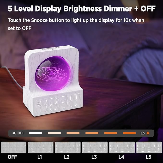 DreamSky Space Alarm Clock for Kids Teens, Small Digital Clock with RGB Night Light for Bedroom, Colorful Crystal Ball Decor for Living Room Office, Dimmer, Gifts for Boys Girls Women (Wood Grain)