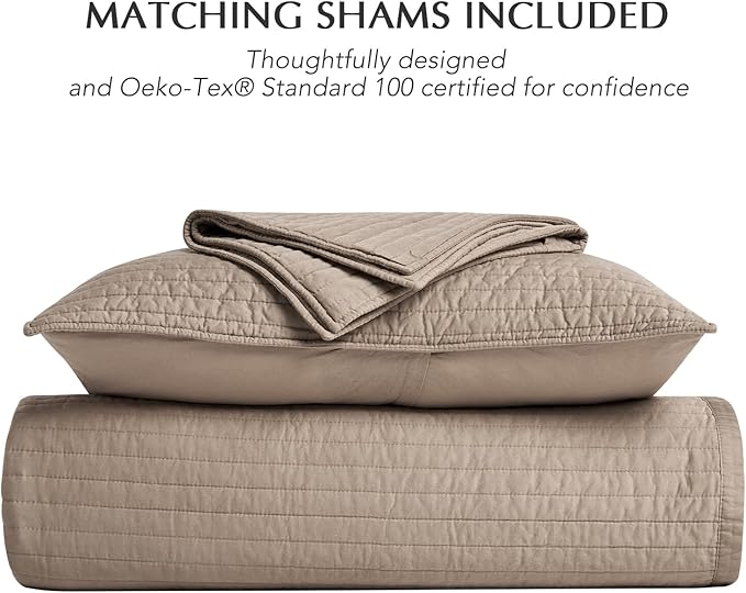 EVERGRACEHOME Cotton Sateen Quilt Set Queen Size, Pre-Washed Cotton Channel Stitch Coverlet Bedspread, 3 Pieces Lightweight Soft Bedding Sets for All Season, with 2 Pillow Shams, Stone Taupe