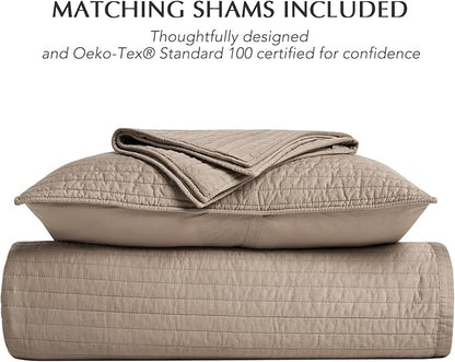 EVERGRACEHOME Cotton Sateen Quilt Set King Size, Pre-Washed Cotton Channel Stitch Coverlet Bedspread, 3 Pieces Lightweight Soft Bedding Sets for All Season, with 2 Pillow Shams, Stone Taupe