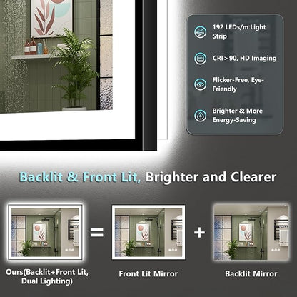 40x36 Black Framed LED Bathroom Mirror with Lights, Backlit + Front Lit, Anti-Fog Lighted Vanity Mirror for Bathroom Wall with 3 Colors, Dimmable, Memory, Tempered Glass, Horizontal/Vertical