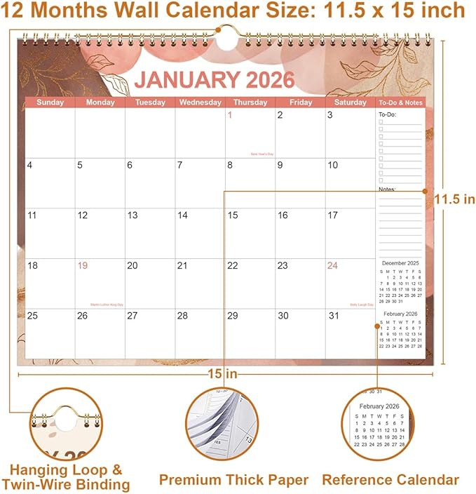 2026 Calendar - Wall Calendar 2026 from January 2026 - December 2026, 12 Months Calendars with Thick Paper, 11" x 14.5", Gold Leaf