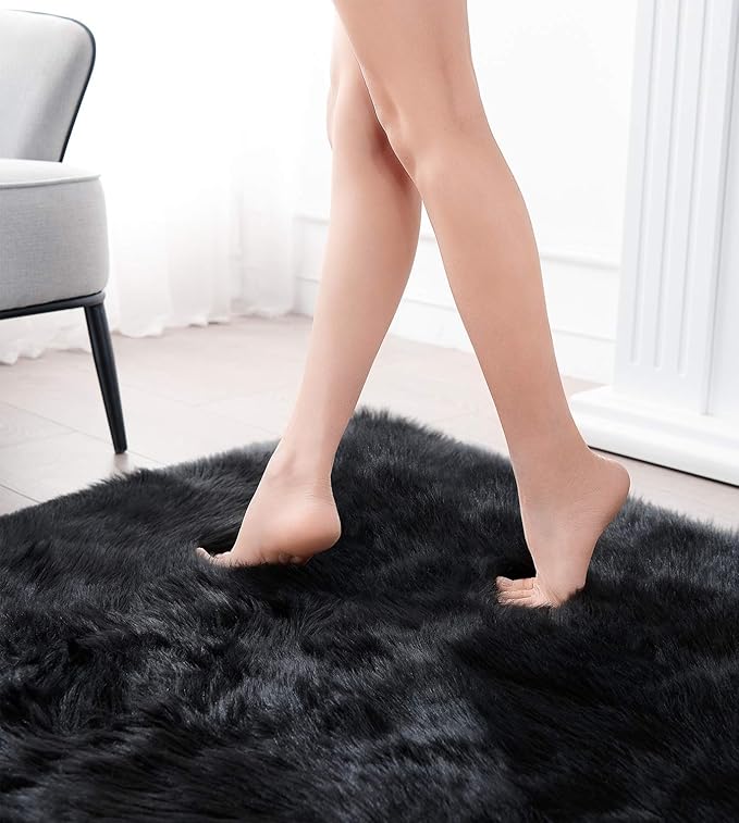 SERISSA Ultra Soft Fluffy Rug Black Faux Sheepskin Fur Area Rug Shaggy Couch Cover Seat Cushion Furry Carpet Beside Rugs for Bedroom Floor Sofa Living Room Runner 2x6 Feet Black
