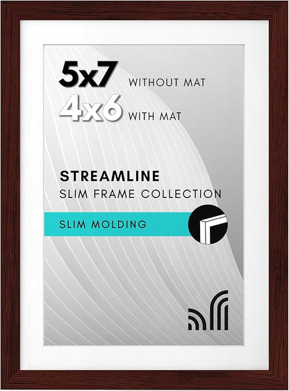Americanflat 5x7 Picture Frame with Shatter-Resistant Glass - Streamline Collection - Thin Border Photo Frame for Tabletop and Wall Display - Hanging Hardware and Easel Stand Included - Mahogany