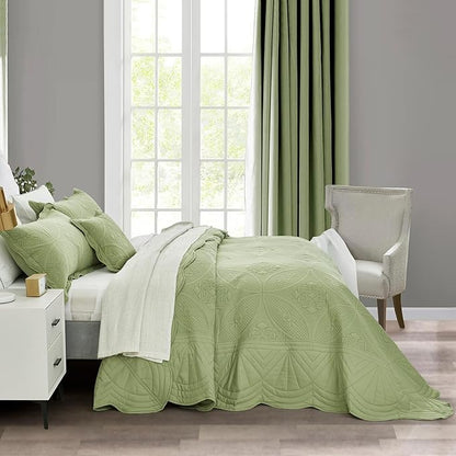 Bedspread - Full Size Bedding Cover - Modern & Contemporary Coverlet Set, Real Stitching, Reversible, Lightweight, 5 Piece, Sage Green